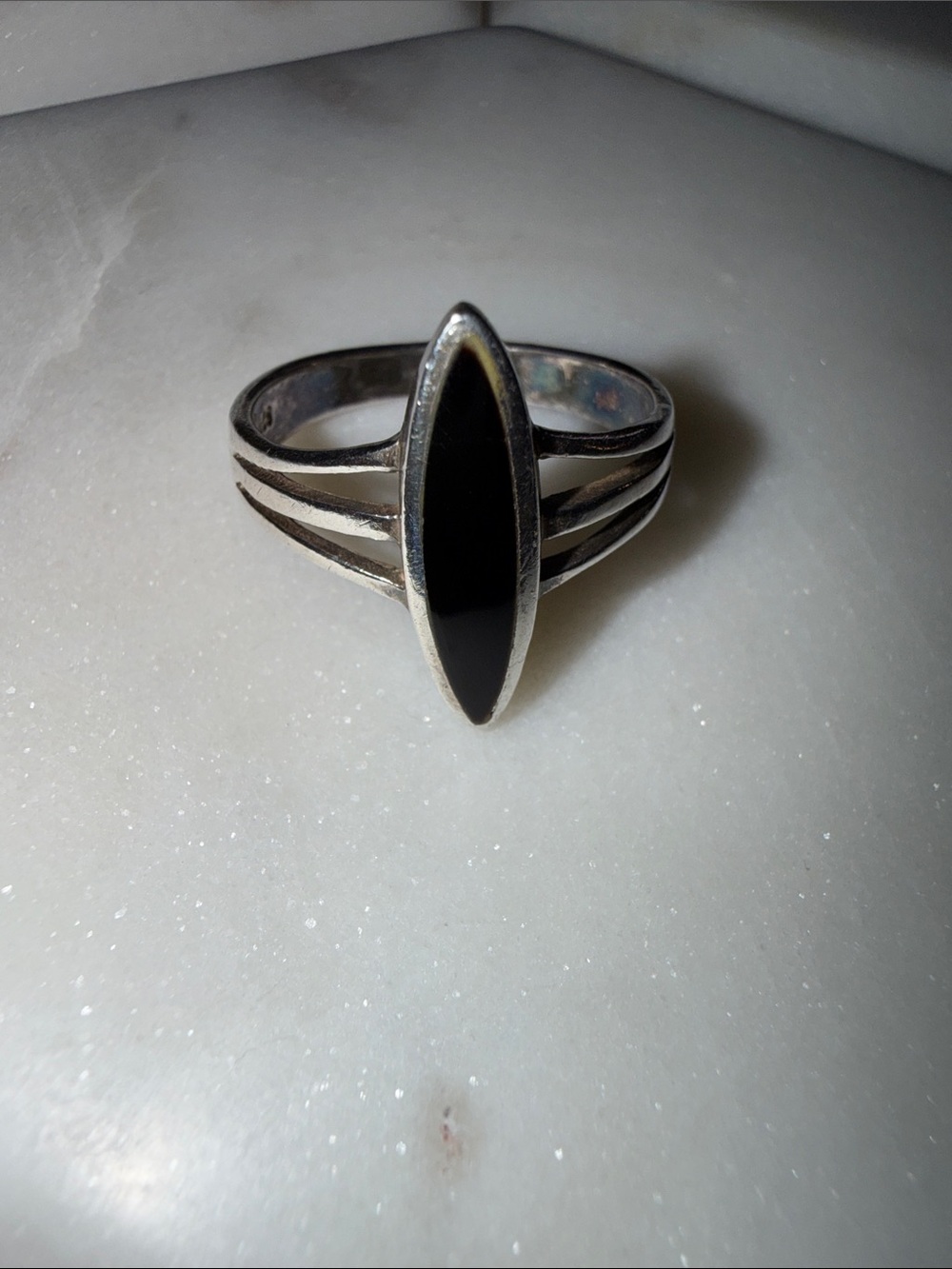 .925 Sterling Silver Black Onyx Marquise Stone Ring